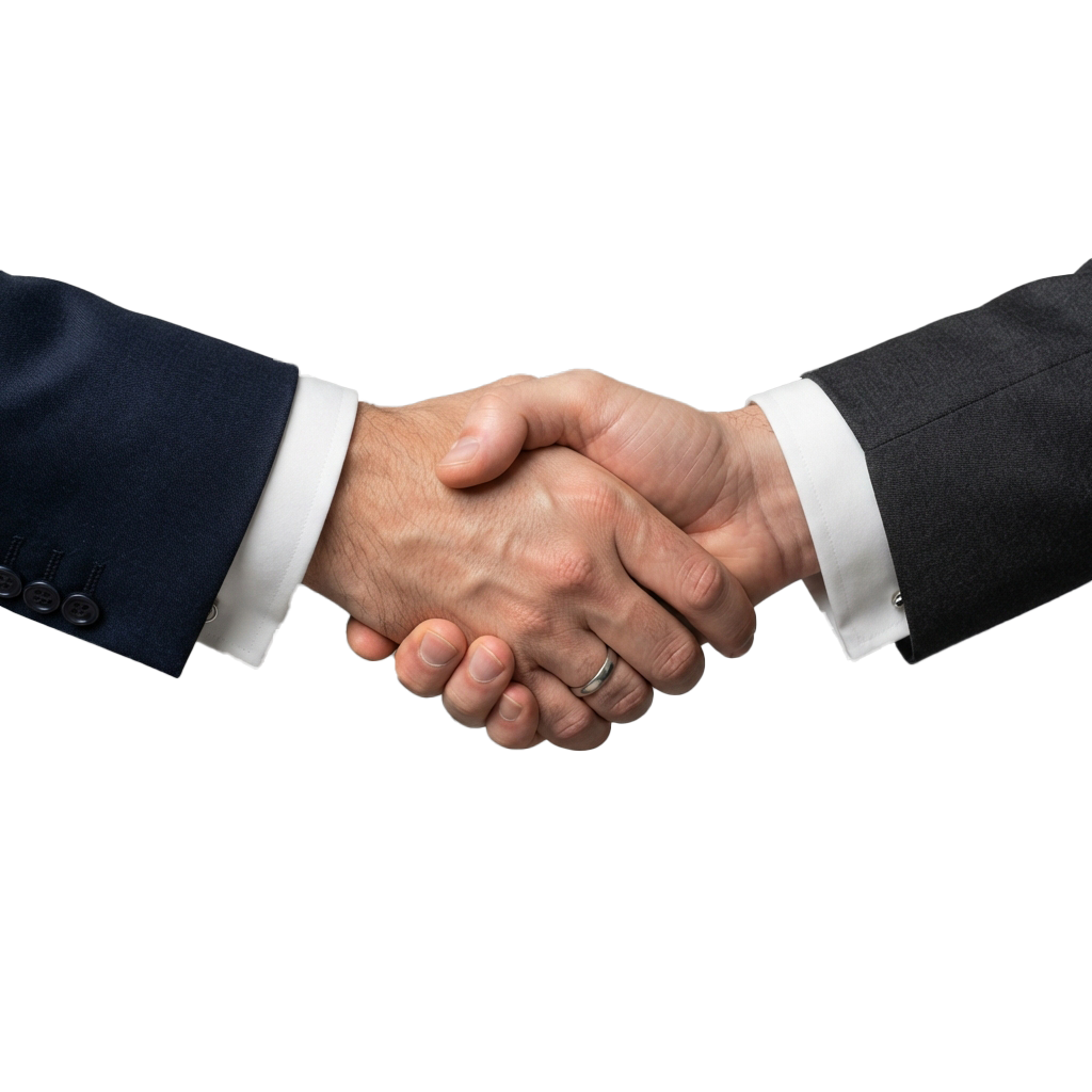 Two people in business suits shaking hands firmly
