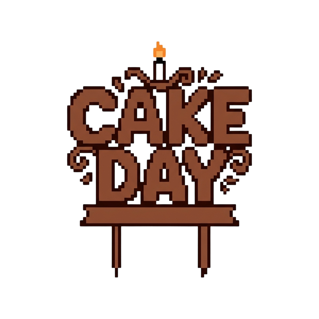 Pixel-style sign reading Cake Day with a small candle on top