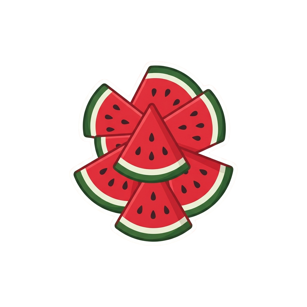Illustration of five red watermelon slices arranged in a flower-like shape with green rind and black background
