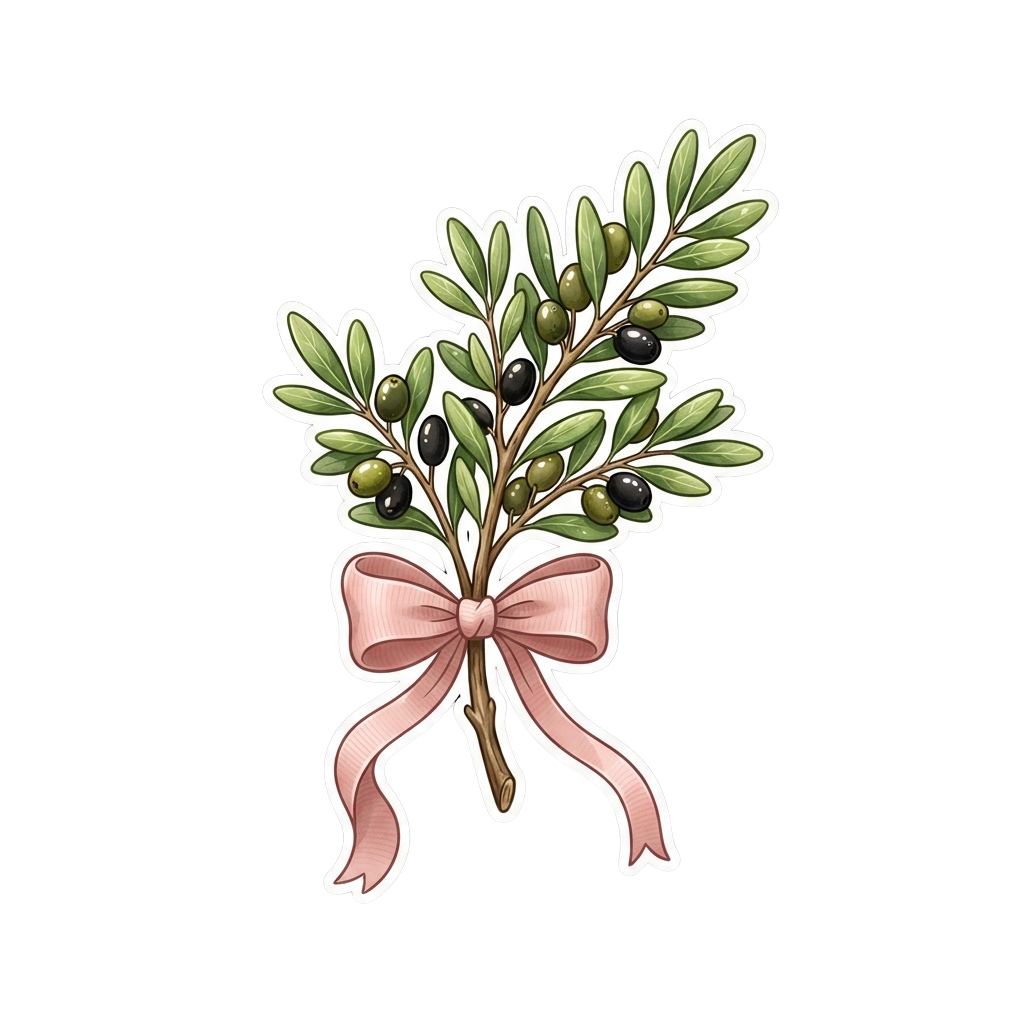 Illustration of an olive branch with green leaves and olives tied with a pink ribbon