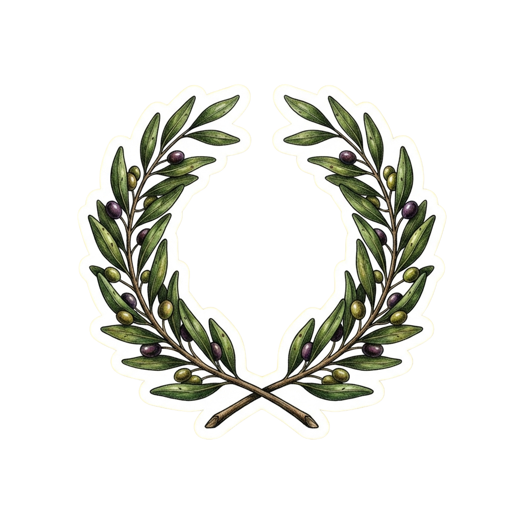 White outline illustration of a laurel wreath with green leaves and berries on a black background