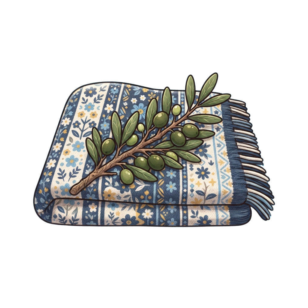 Folded blue and white floral patterned fleece blanket with olive branch decoration on top