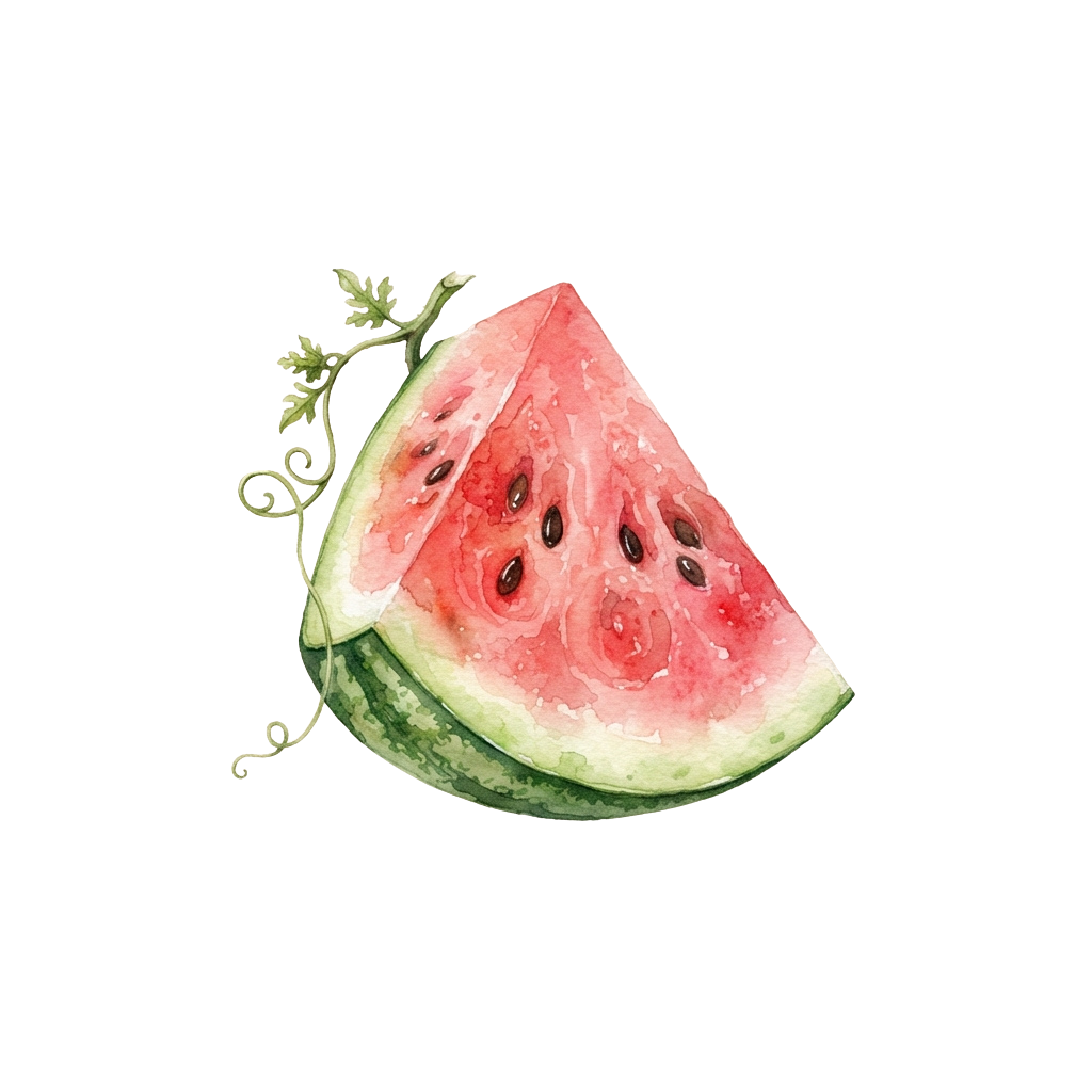 A slice of watermelon with green rind and red interior, attached to a green vine with leaves