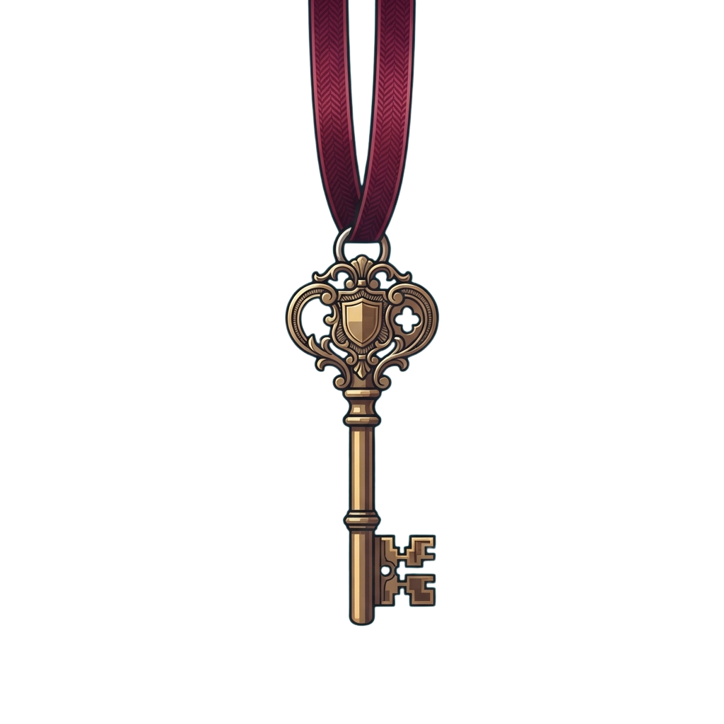 A decorative key on a ribbon, featuring an ornate bow and a detailed keyhole pattern.
