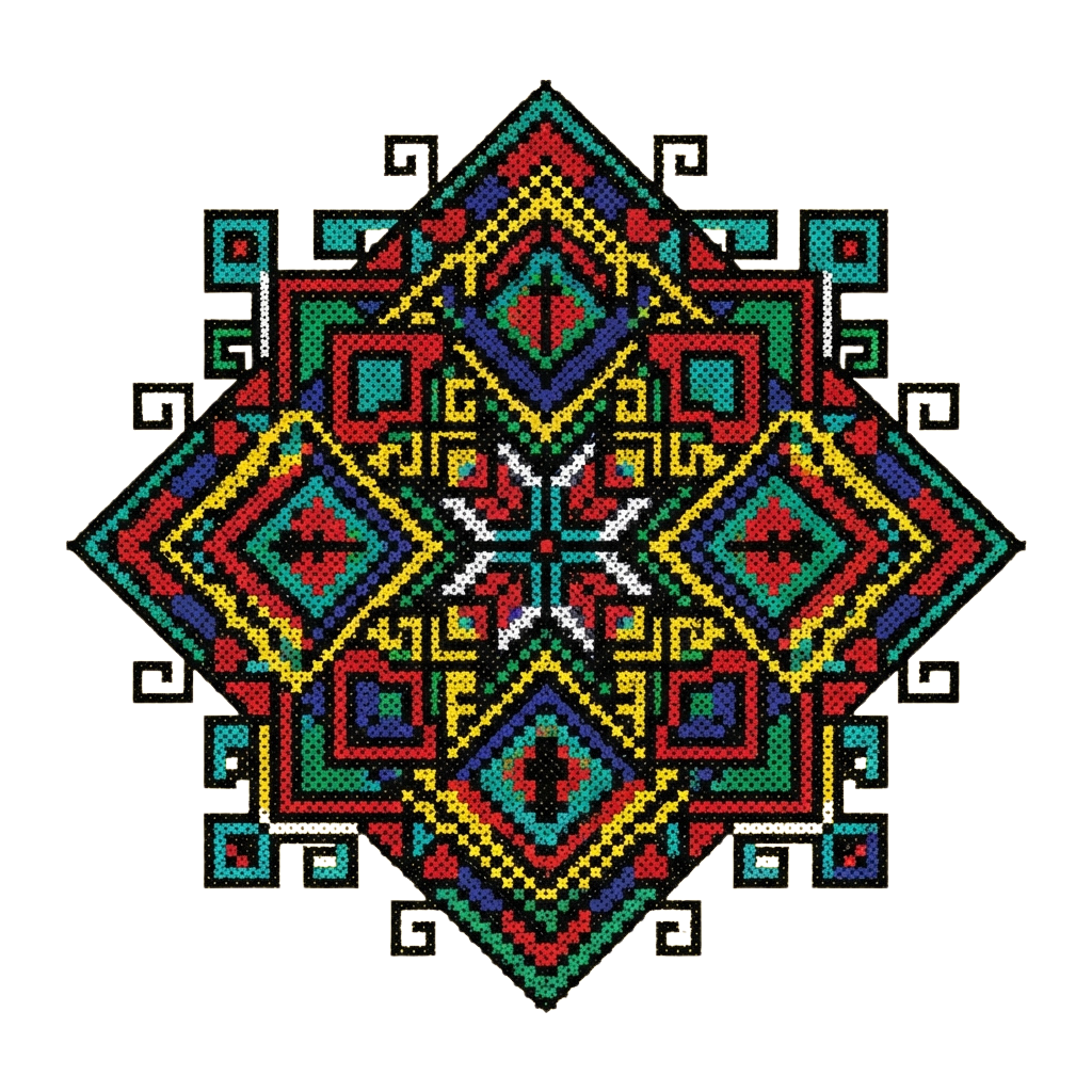 A vibrant geometric embroidery pattern featuring symmetrical shapes in red, yellow, blue, green, and white on a dark background