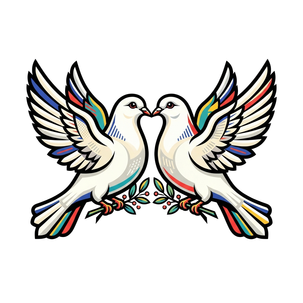 Two white doves with colorful patterned wings facing each other on a branch