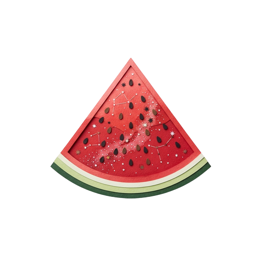 A colorful slice of watermelon with black seeds replaced by starry space constellations