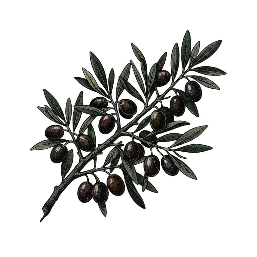 Botanical illustration of an olive branch with green leaves and dark purple olives