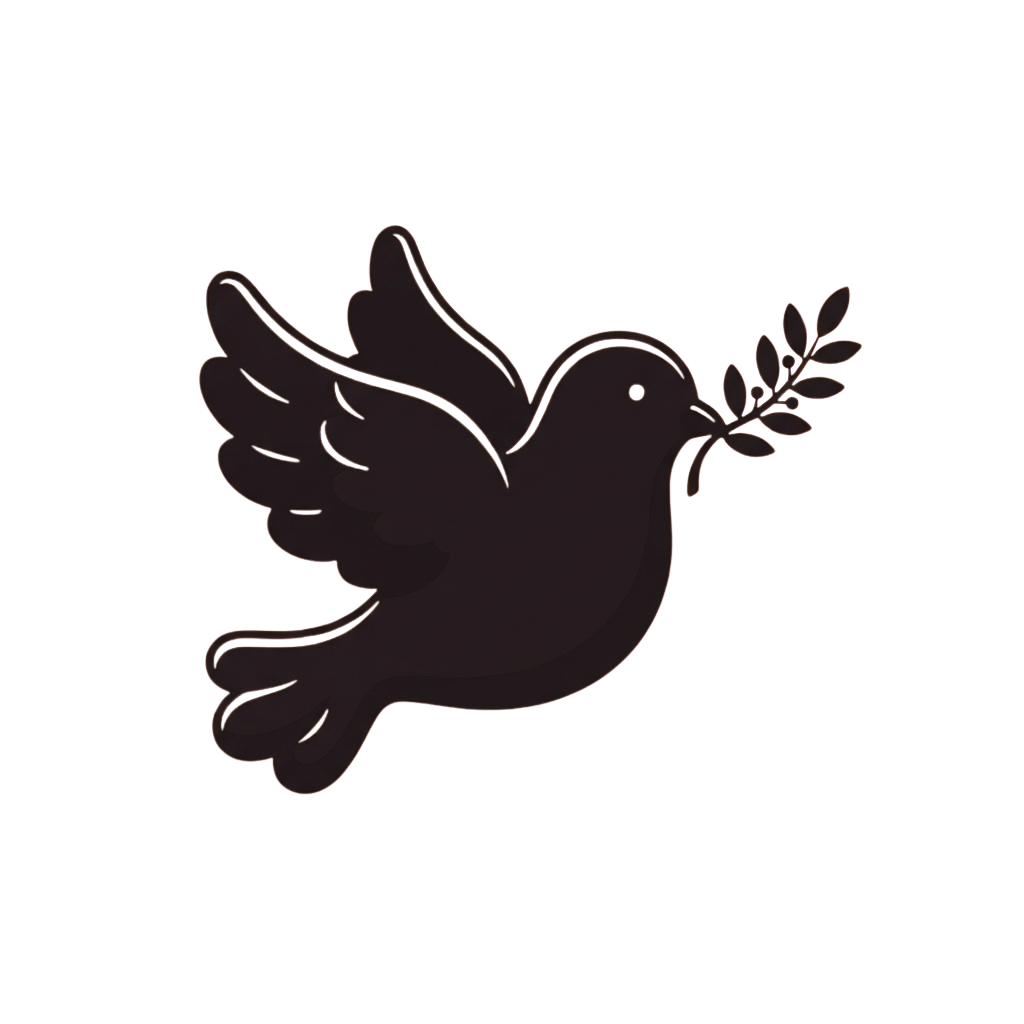 A stylized dove holding an olive branch in its beak against a dark background