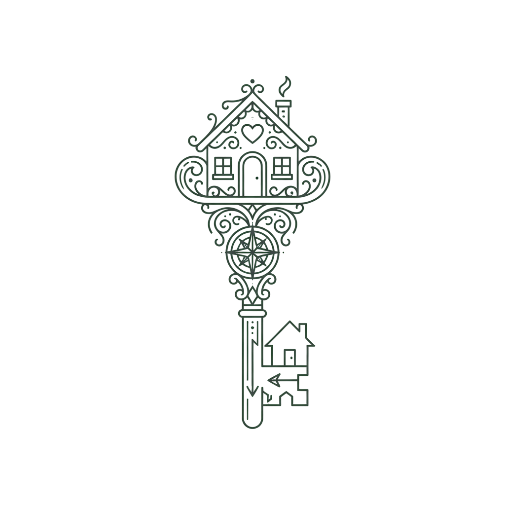 Illustration of a key with a detailed house and miniature house on the bow and ring