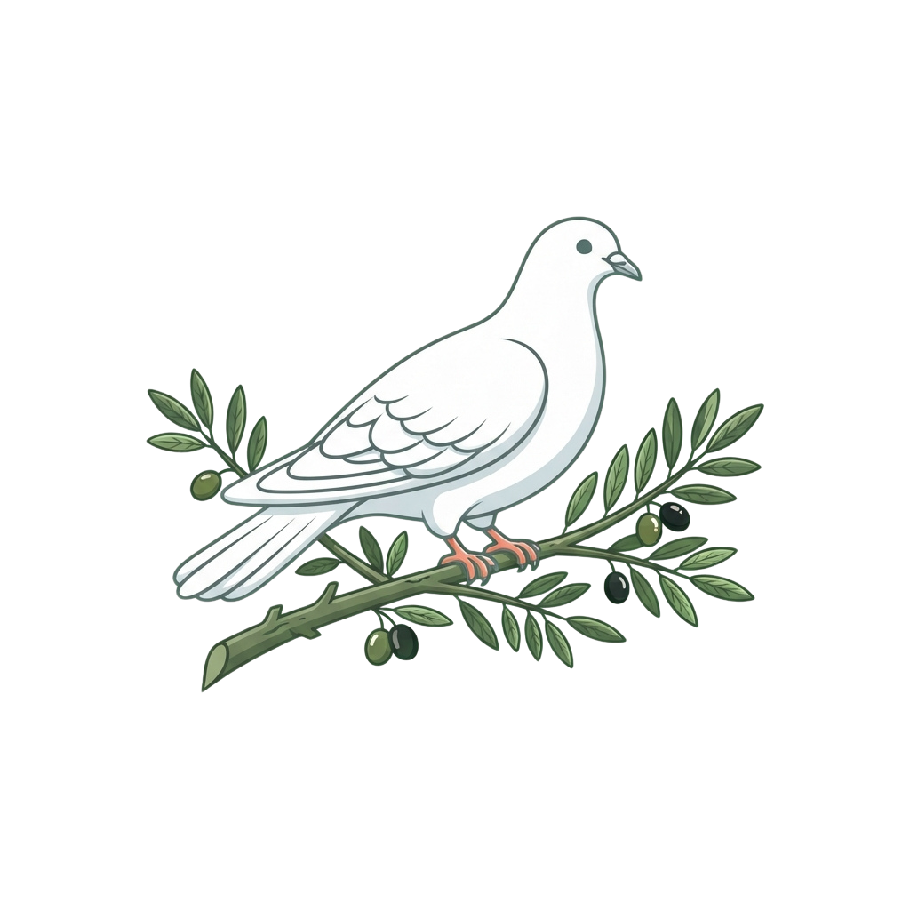 A white dove sitting on a branch with green leaves and olives