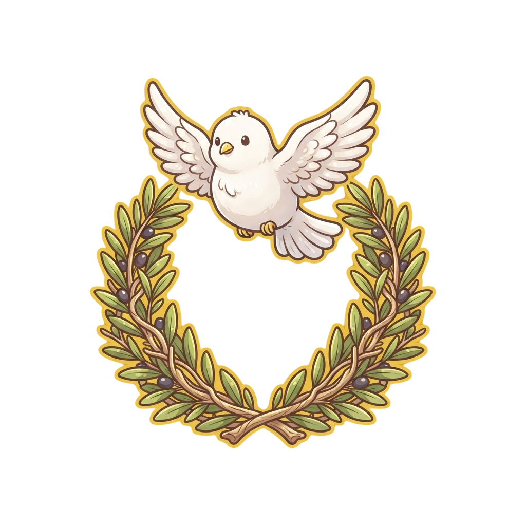 Illustration of a white dove with outstretched wings perched above an olive branch wreath