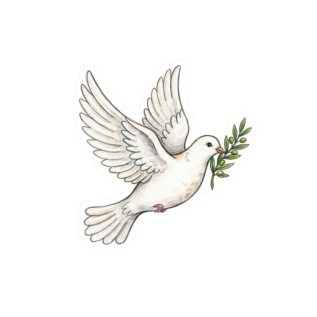 A white dove in flight holding an olive branch in its beak against a black background