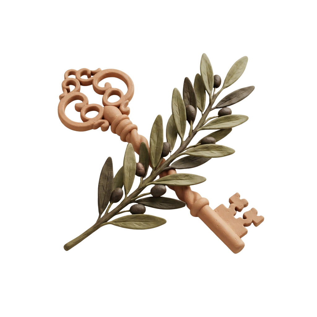 A stylized key intertwined with a laurel branch sculpture on a black background