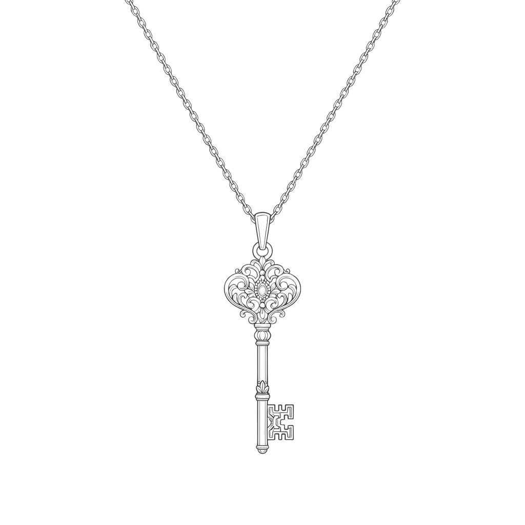 A silver necklace with a decorative key pendant featuring an ornate bow and detailed key pattern.