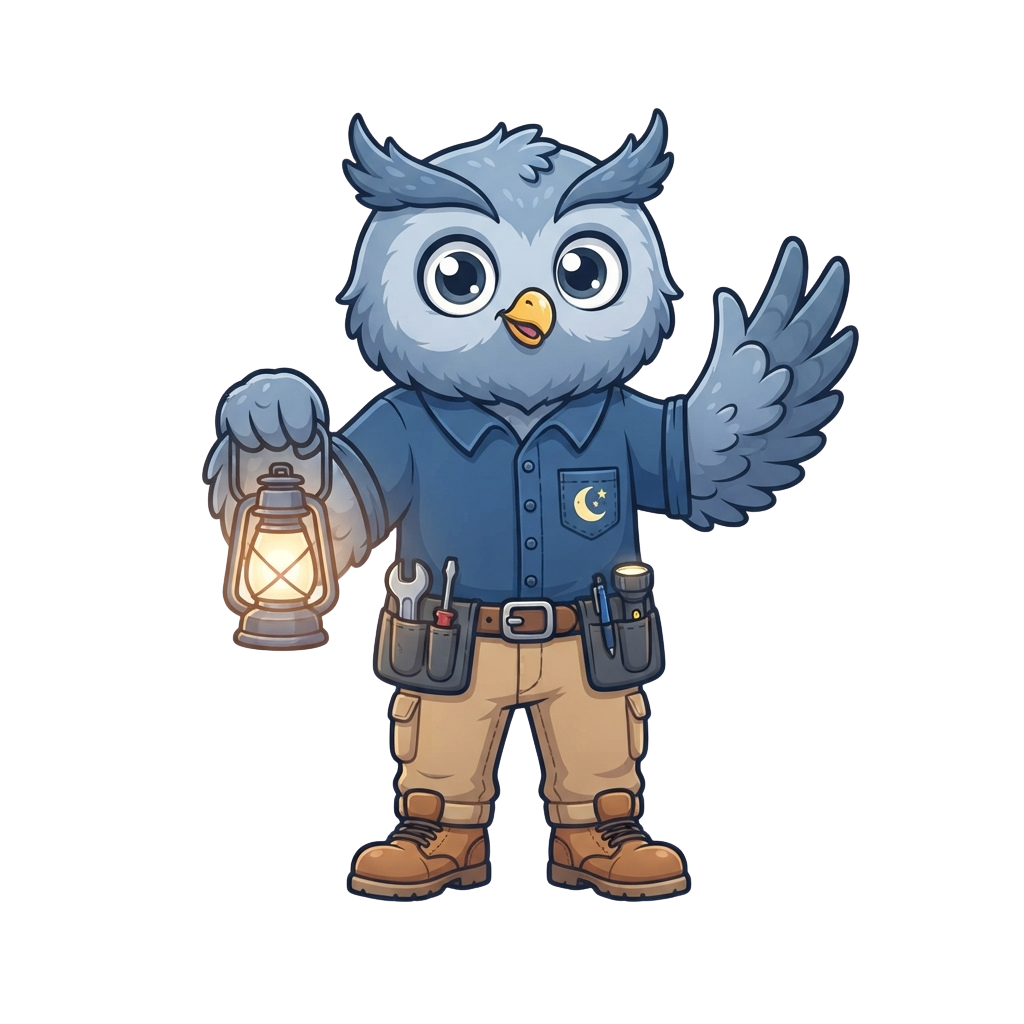 A friendly cartoon owl character dressed in work clothes, holding a lantern in one hand and waving with the other.