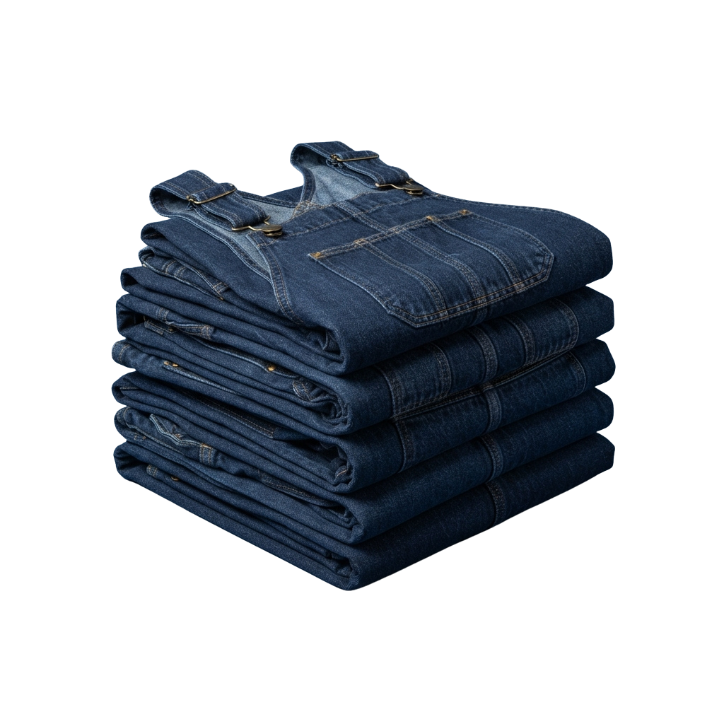 Five neatly folded dark blue denim jackets stacked on top of each other against a black background