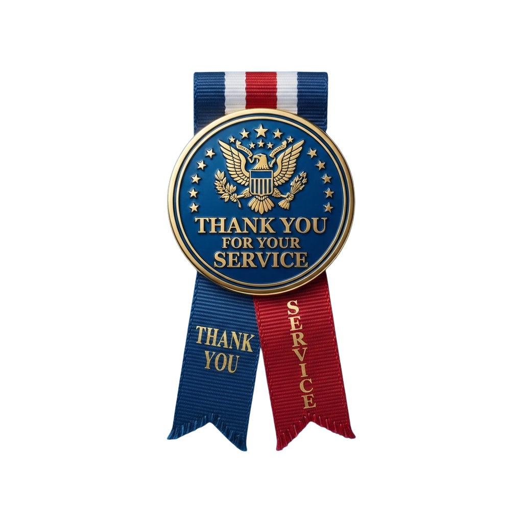 Military service ribbon with eagle emblem and blue, white, red stripes reading Thank You for Service