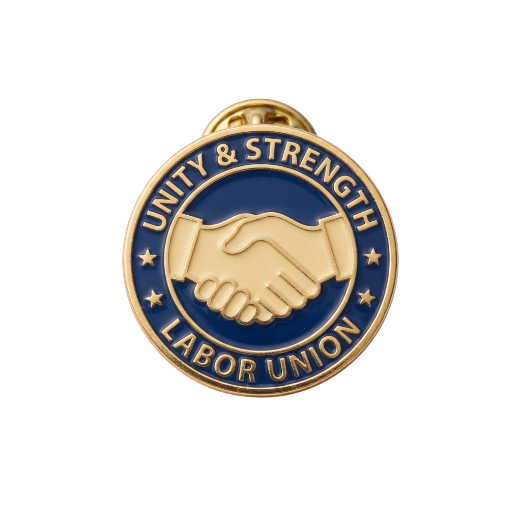 Gold-colored enamel pin featuring two hands shaking with text Unity and Strength Labor Union around it