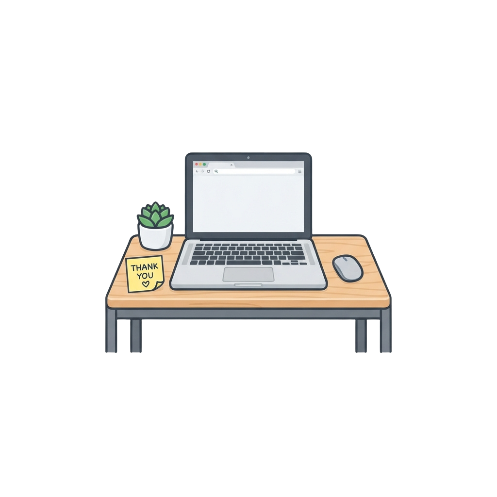 A small desk with a laptop, mouse, potted plant, and a thank you card