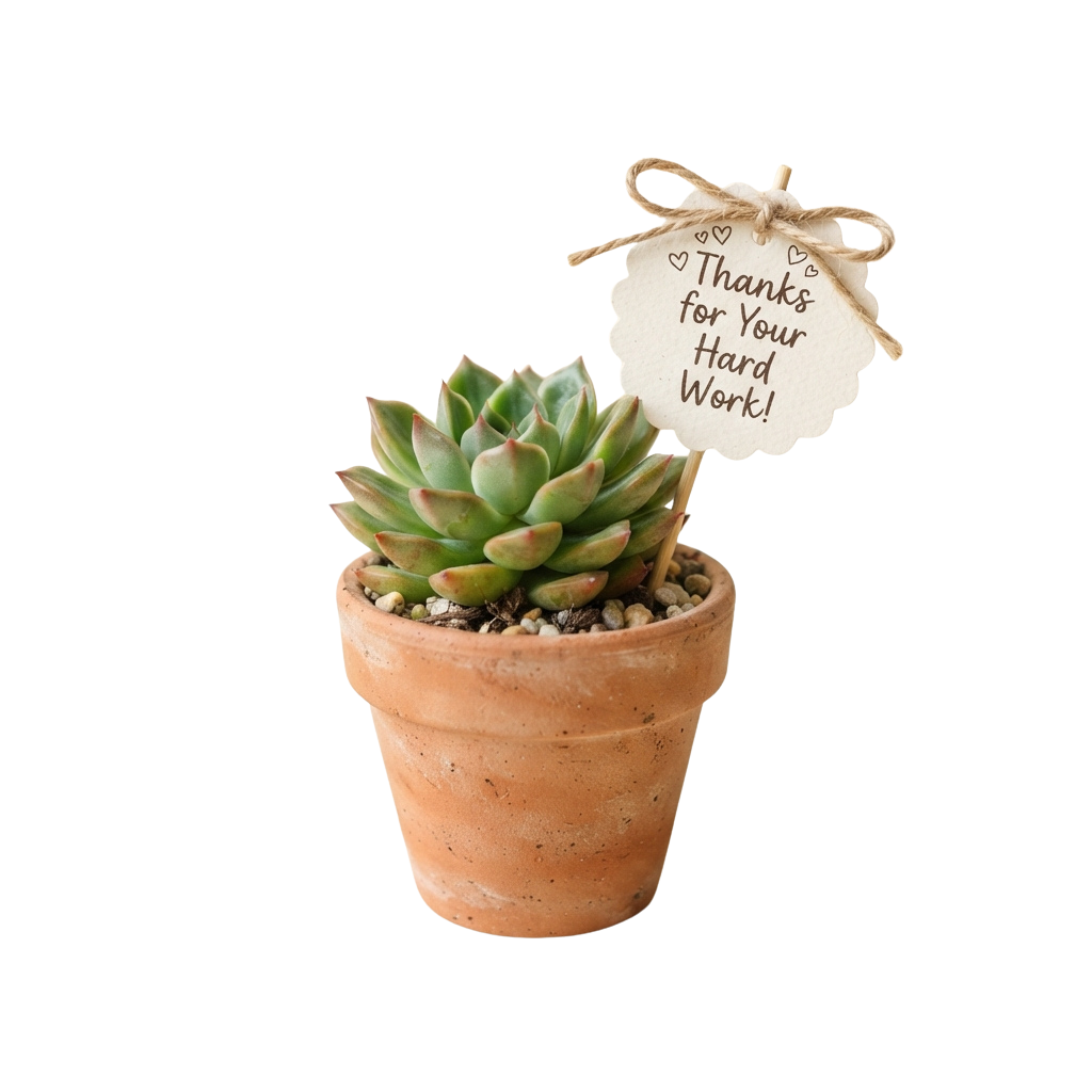 Small potted succulent plant with a tag that reads Thanks for Your Hard Work
