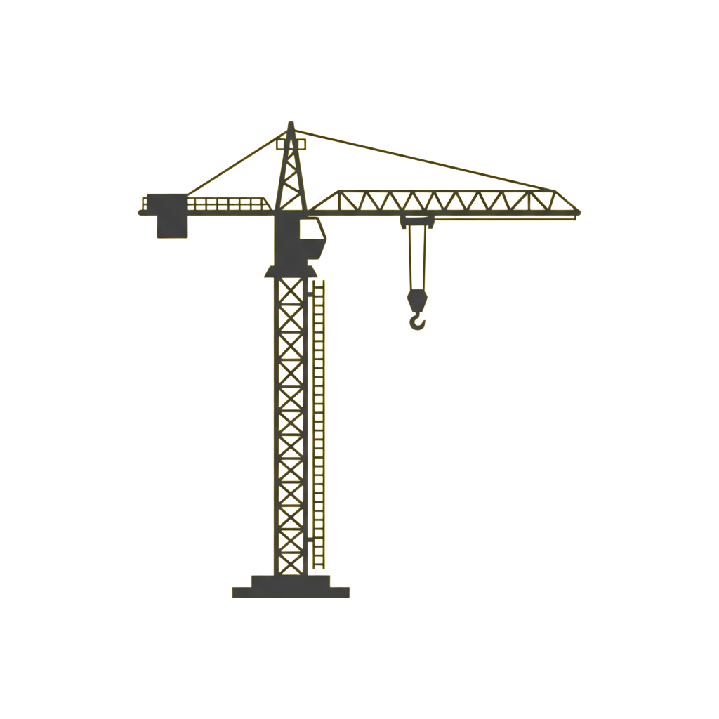 A detailed illustration of a tower crane with an extended horizontal arm and hoisted cable