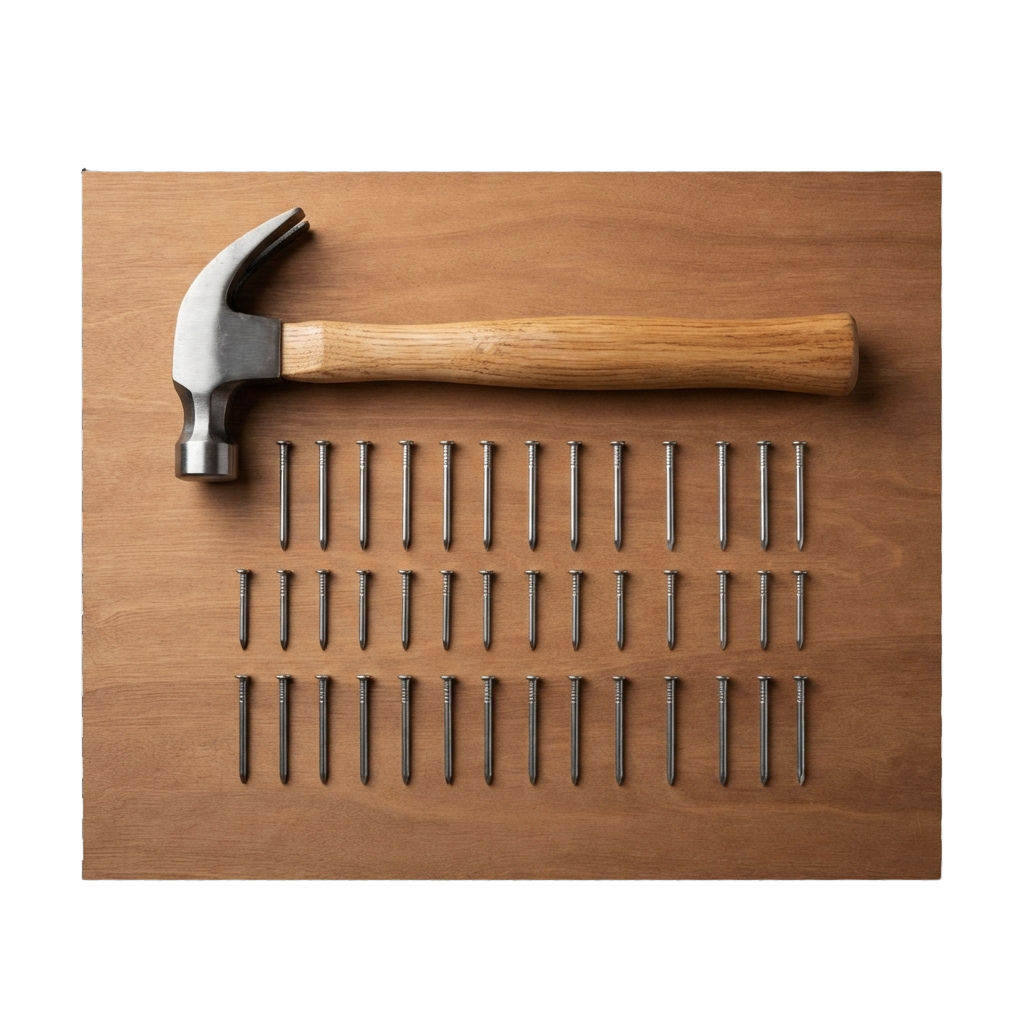 A hammer with a wooden handle placed beside a collection of nails on a wooden board