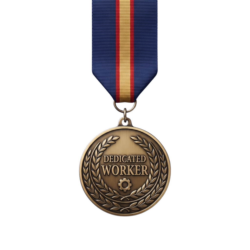 Bronze medal labeled Dedicated Worker with laurel wreath and gear emblem, suspended from blue ribbon with red and gold stripes
