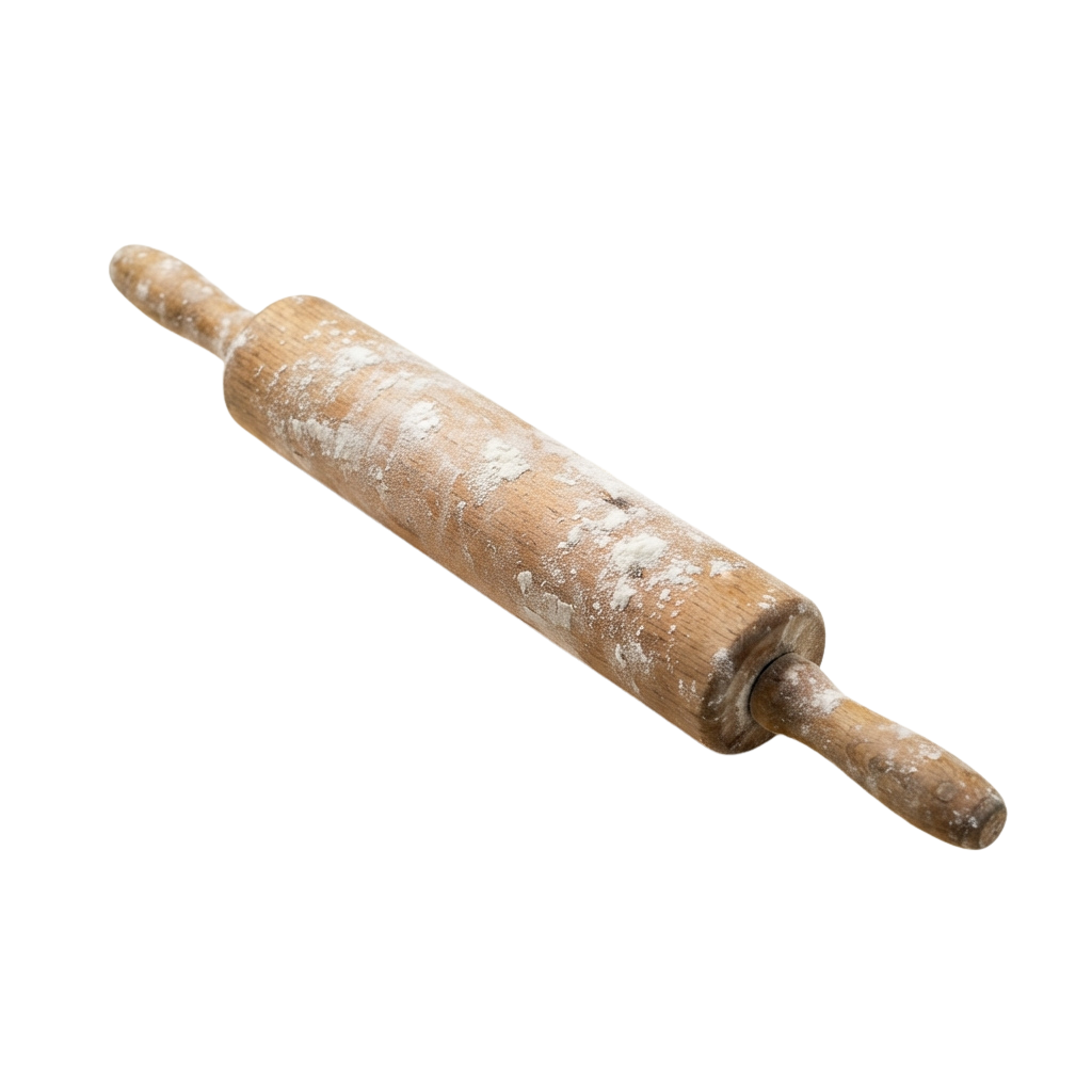 A wooden rolling pin with dough residue on its surface.