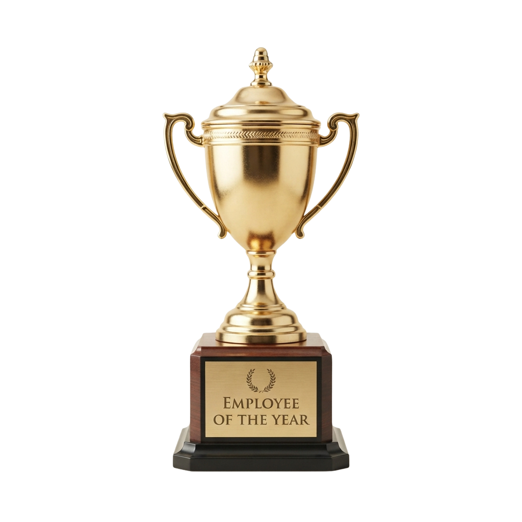 Golden trophy with two handles and a laurel wreath plaque labeled Employee of the Year