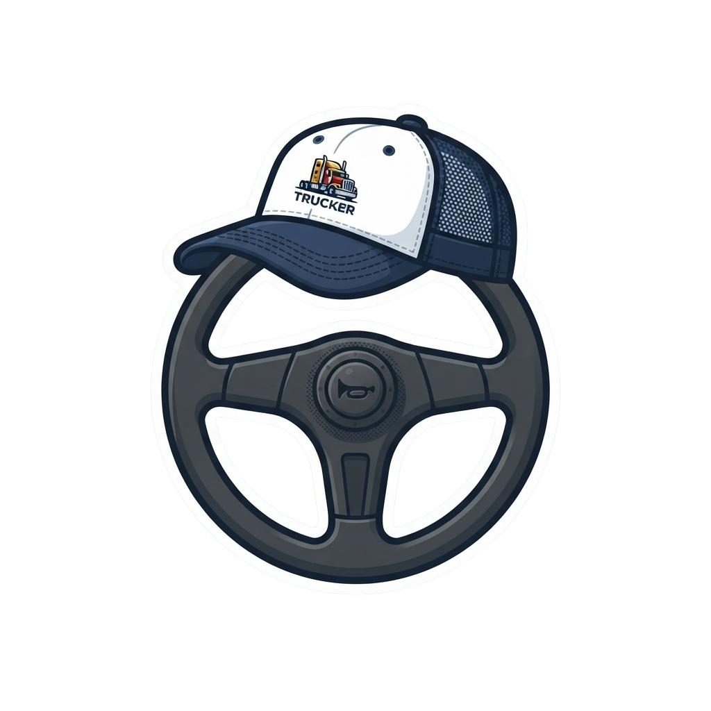A trucker cap placed on top of a steering wheel illustration
