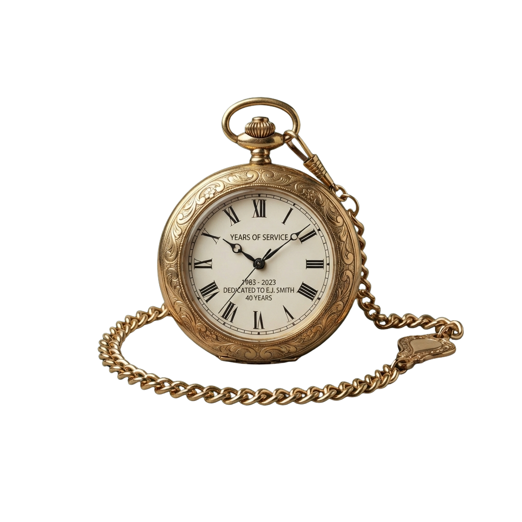 Gold-toned pocket watch with Roman numerals, chain, and engraving celebrating 40 years of service from 1983 to 2023