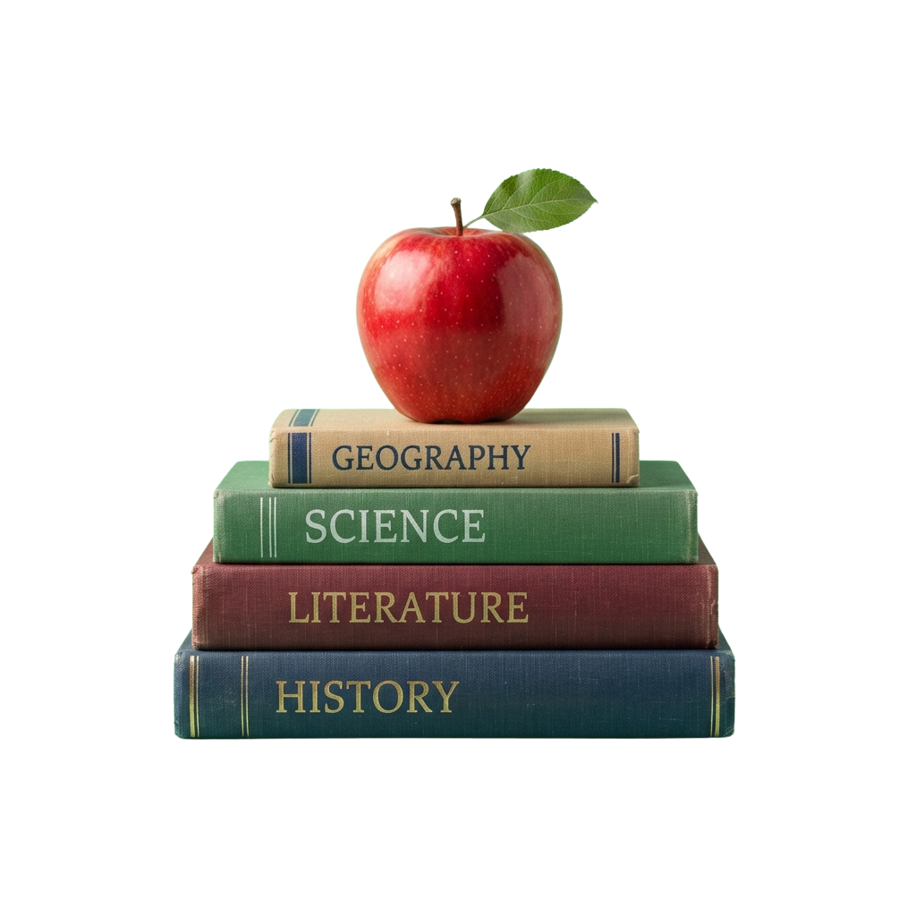 Red apple placed on top of four books labeled Geography, Science, Literature, and History