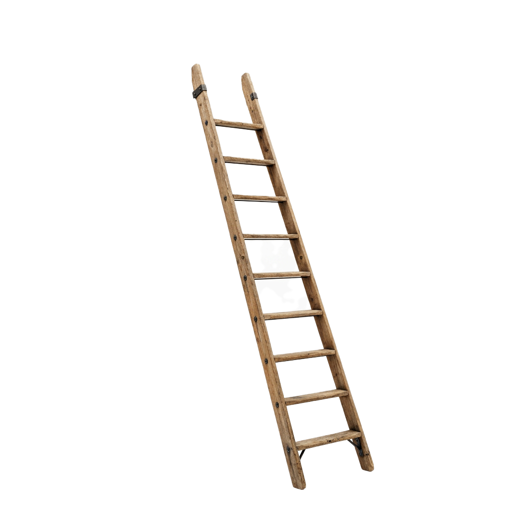 A wooden ladder with six rungs and rounded top and bottom ends against a dark background