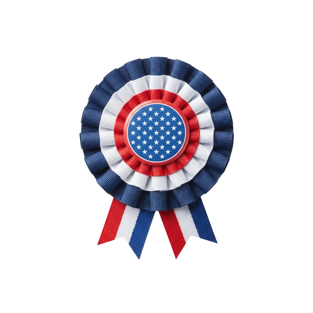 A decorative ribbon medal featuring an American flag design in the center, with blue, white, and red stripes