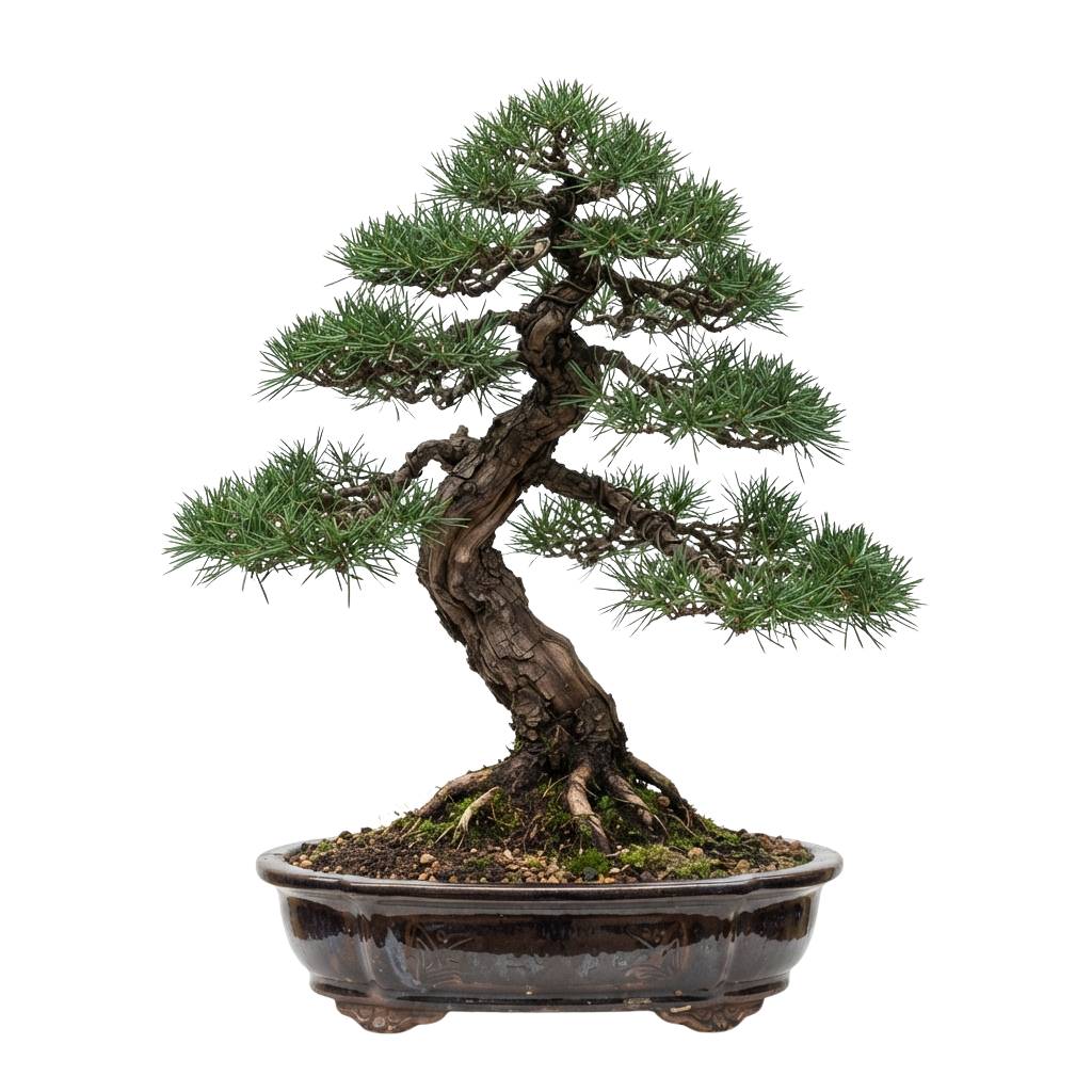 A bonsai tree with twisted trunk and lush green foliage in a dark ceramic pot on a black background