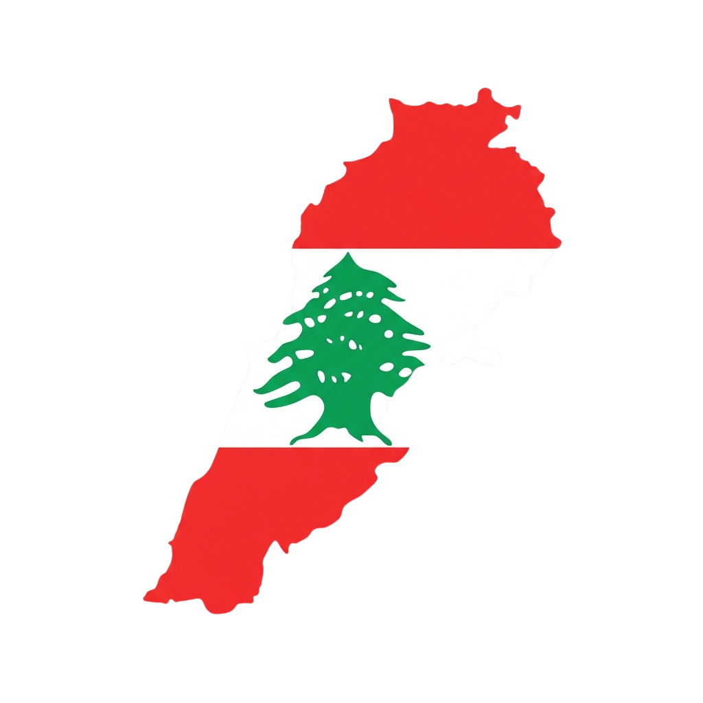Map outline of Lebanon featuring the national flag with a green cedar tree emblem in the center