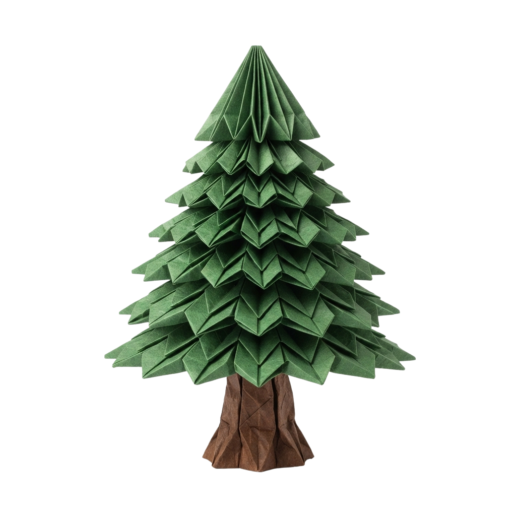 Green origami tree made from folded paper with a brown base