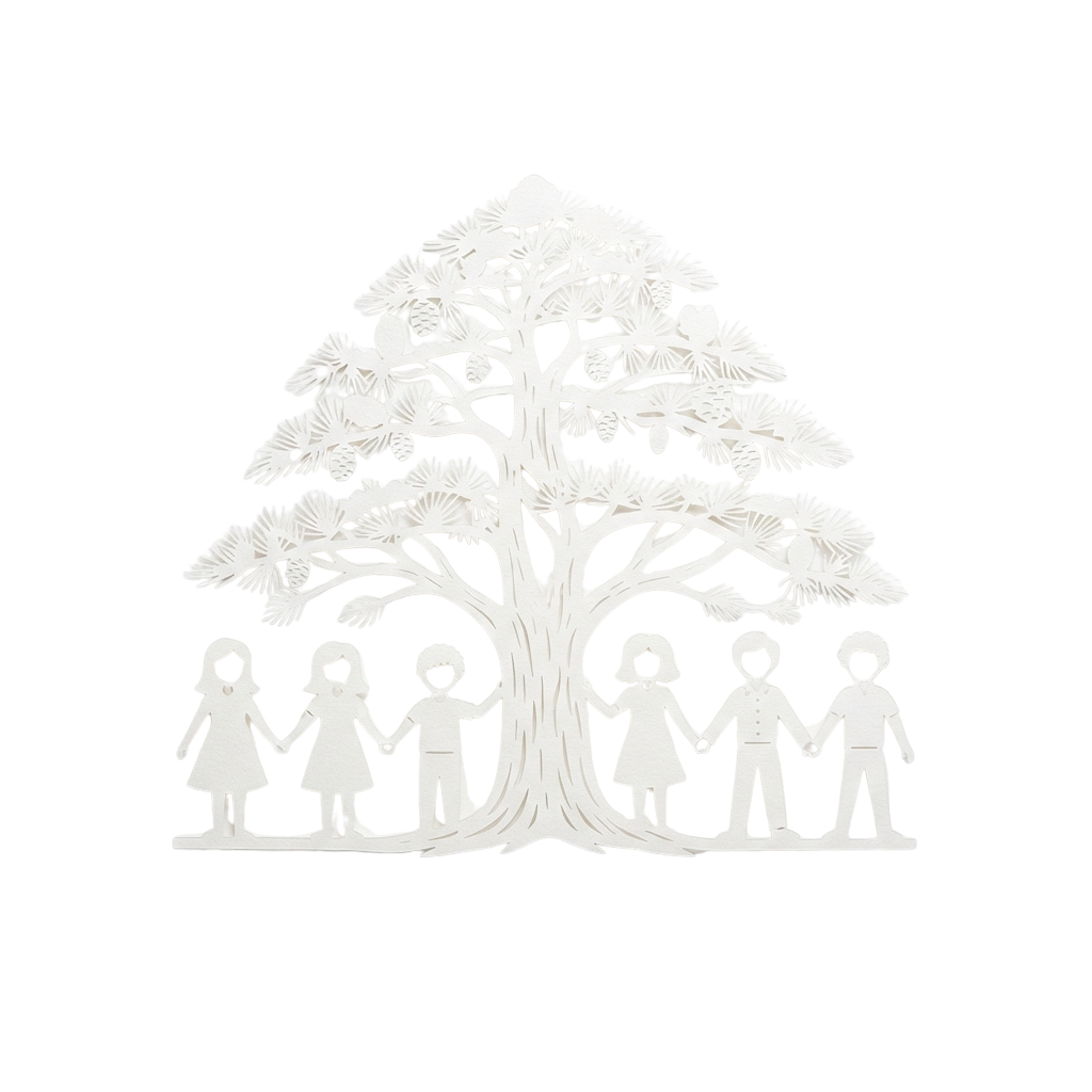 White silhouette of a family holding hands under a large tree
