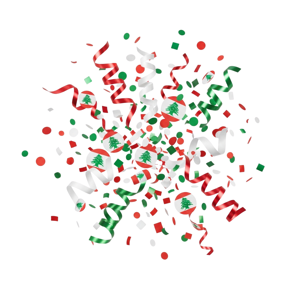 Colorful confetti with Lebanese flags and red, white, green party streamers on black background