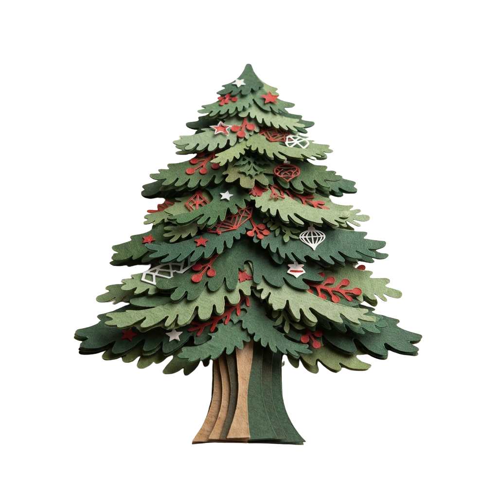A layered felt Christmas tree adorned with red stars, snowflakes, and gift-shaped cutouts on a black background