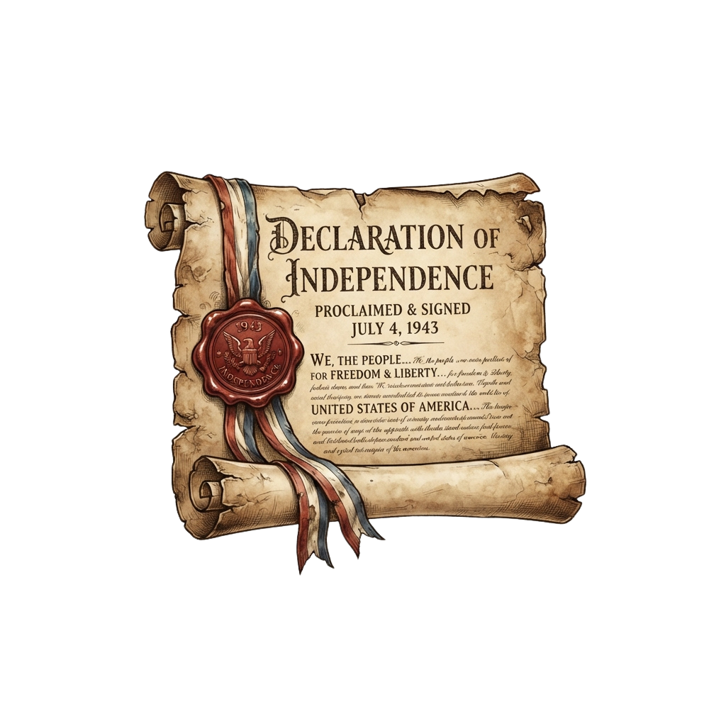 Illustration of a parchment-style Declaration of Independence document with a wax seal and ribbon