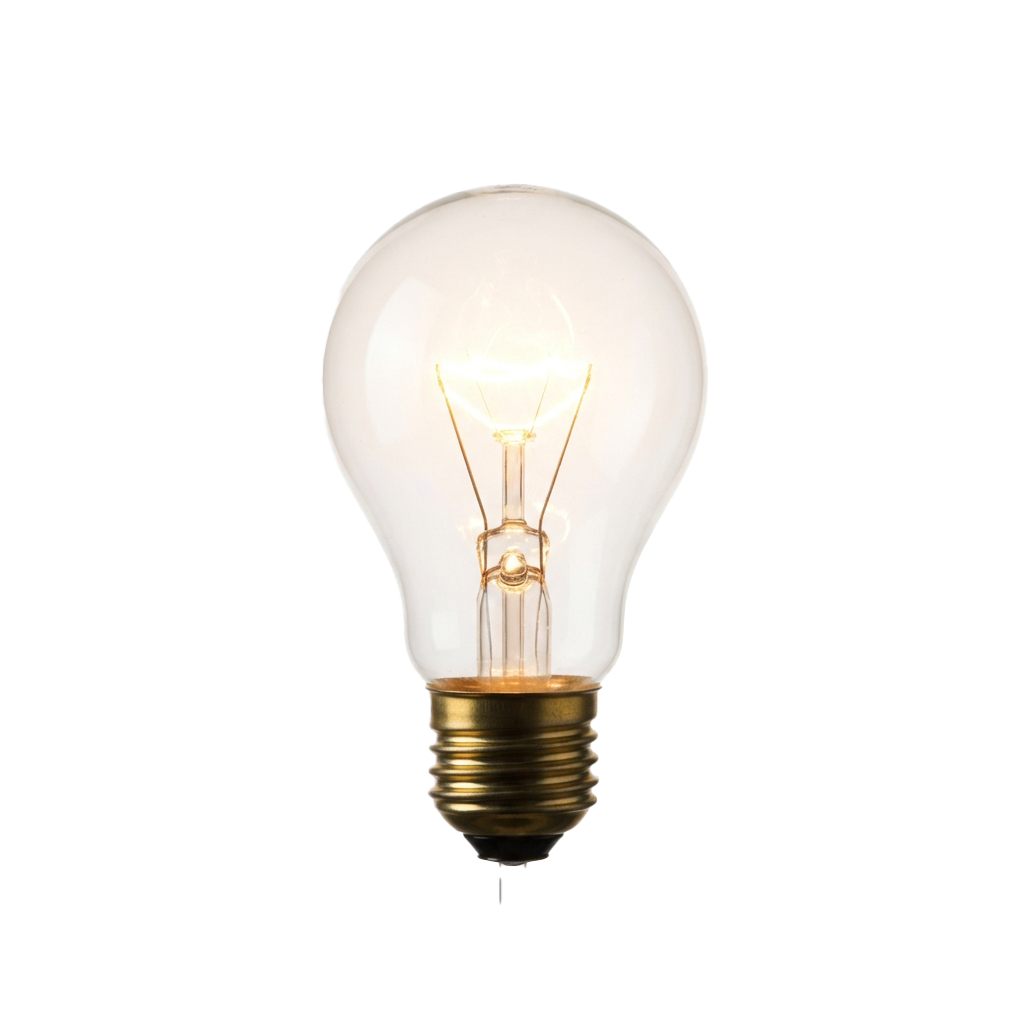 Illustration of a glowing incandescent light bulb with visible filament against a black background