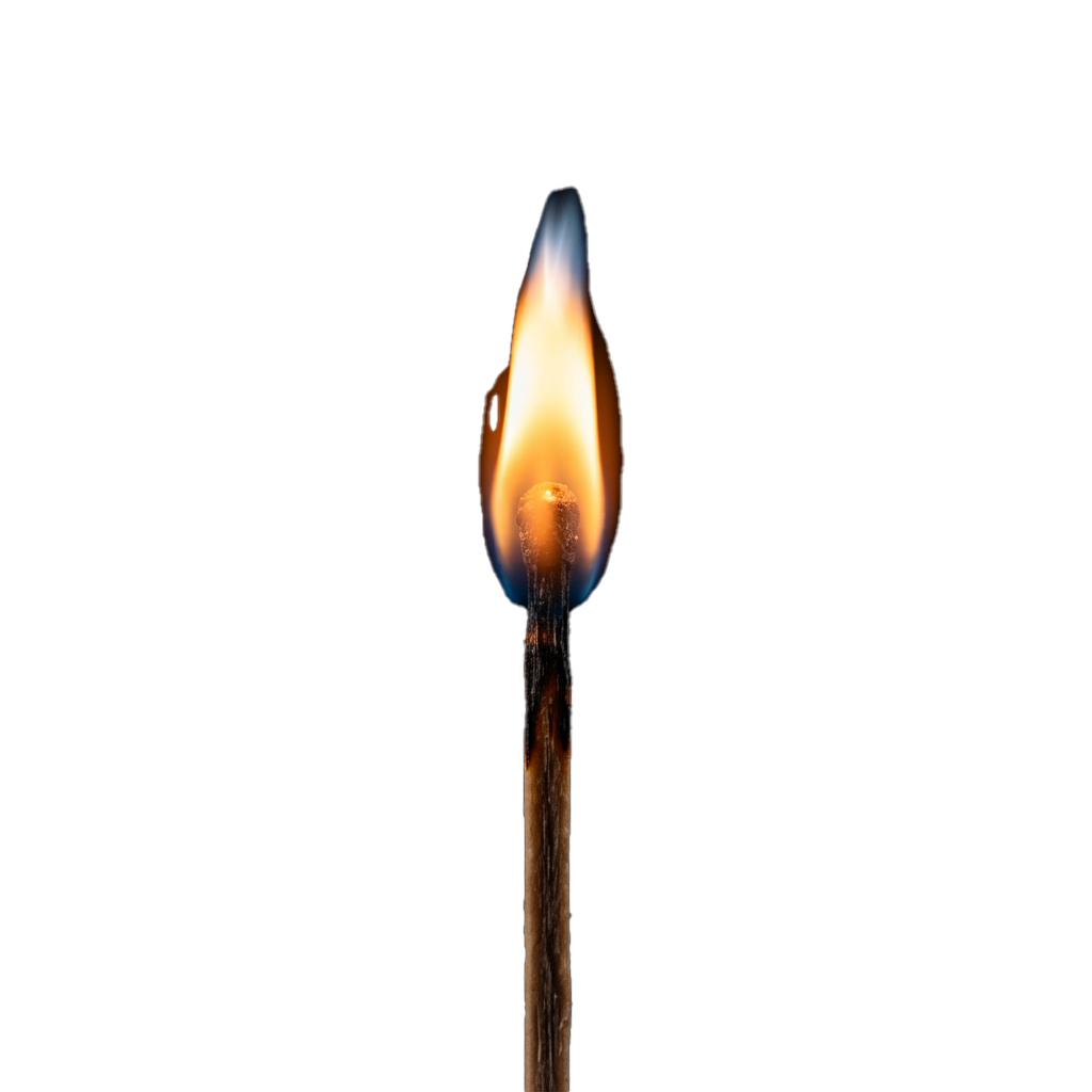A lit matchstick with a bright orange and blue flame against a dark background
