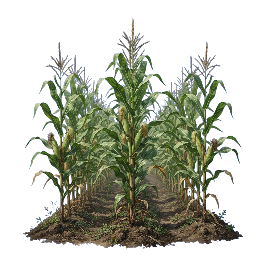 A detailed illustration of tall corn plants with green leaves and brown tassels growing in rows on a dirt field.