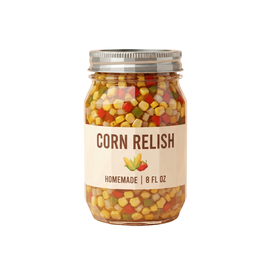A glass jar of colorful homemade corn relish with a metal lid and label reading Corn Relish, Homemade, 8 FL OZ