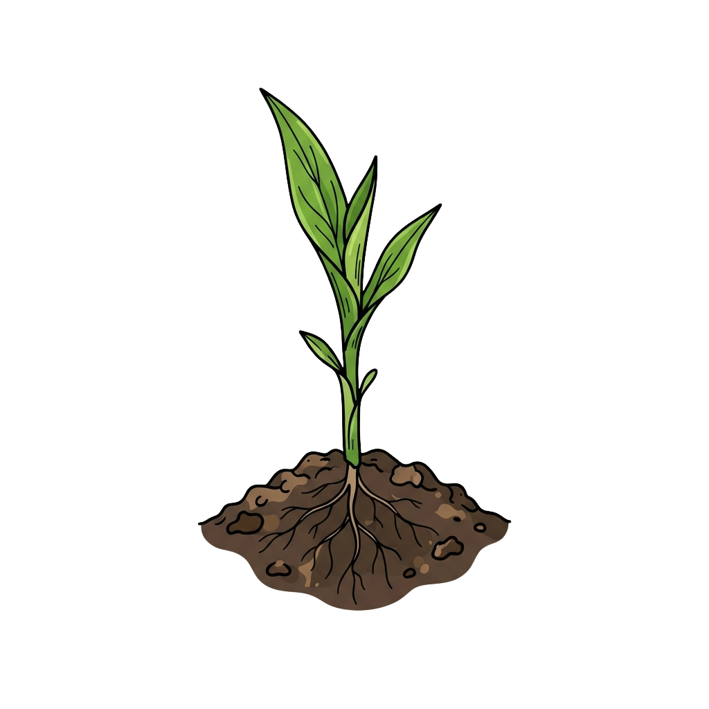A simple drawing of a young green plant sprouting from brown soil with visible roots.