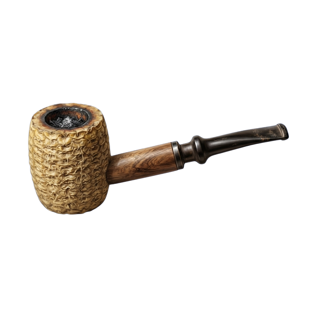 A handcrafted tobacco pipe with a textured briar bowl and an ebony-stemmed mouthpiece