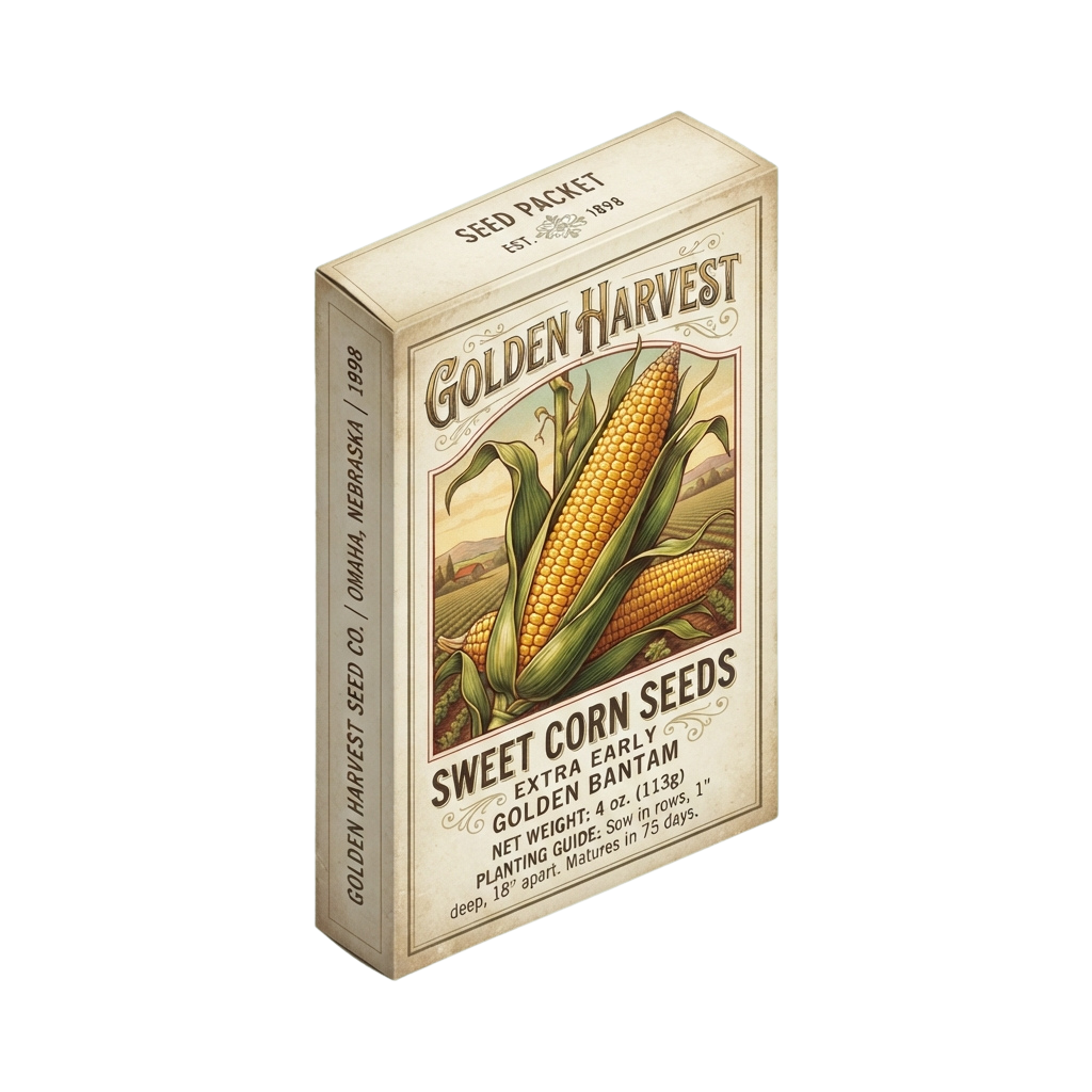 Vintage seed packet for sweet corn labeled Golden Bantam with an illustration of corn ears and plants