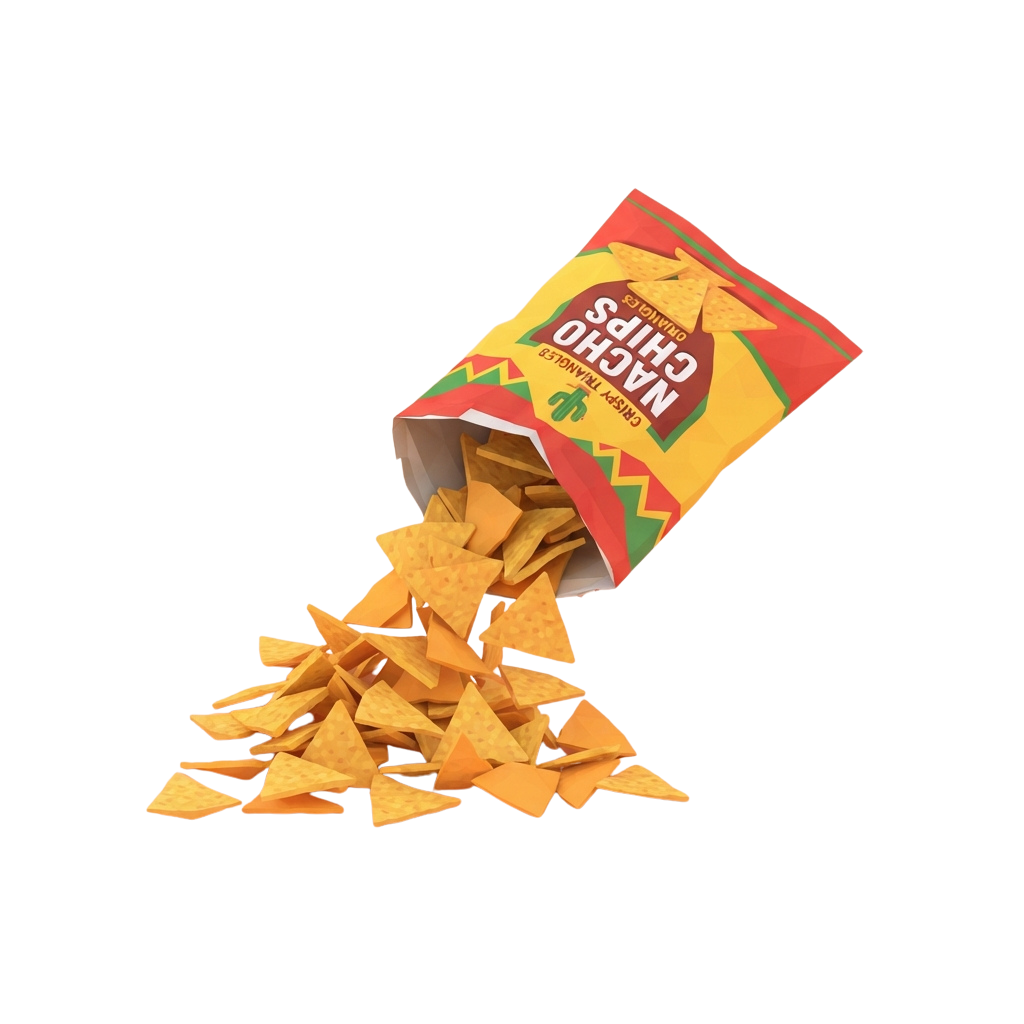 A bag of nacho cheese flavored chips tipped over, spilling triangular chips onto a dark surface